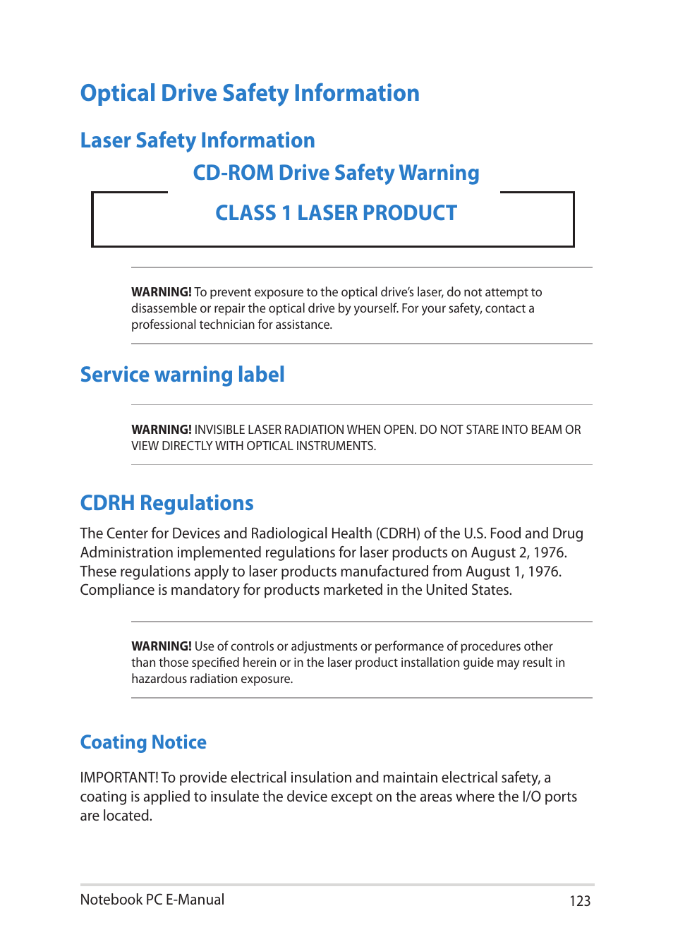 Optical drive safety information, Laser safety information, Cdrh regulations | Coating notice | Asus Y581CC User Manual | Page 123 / 128