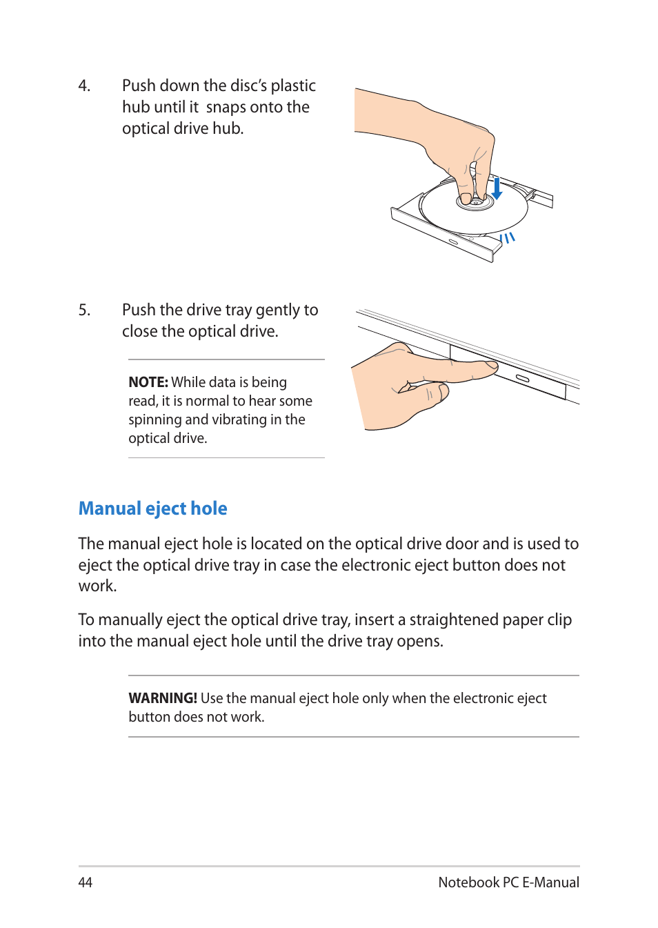 Manual eject hole | Asus Y581CC User Manual | Page 44 / 128