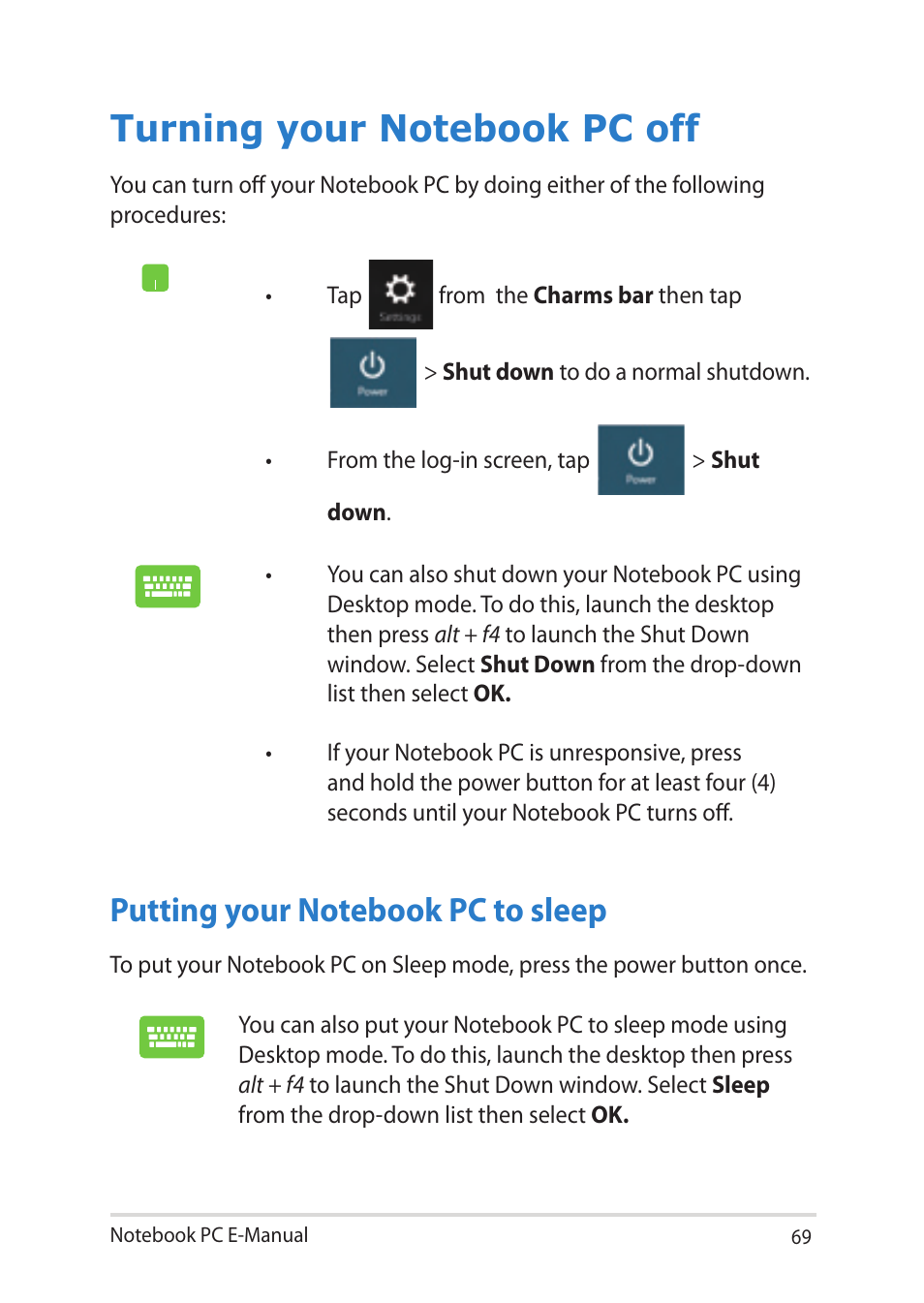 Turning your notebook pc off, Putting your notebook pc to sleep | Asus Y581CC User Manual | Page 69 / 128