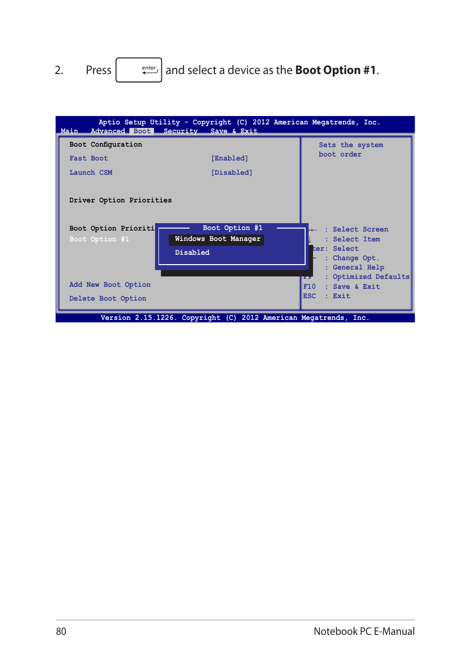 Press and select a device as the boot option #1 | Asus Y581CC User Manual | Page 80 / 128
