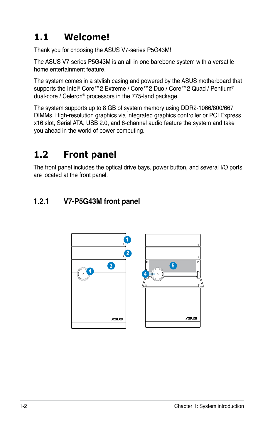 1 welcome, 2 front panel | Asus V7-P5G43M User Manual | Page 12 / 80