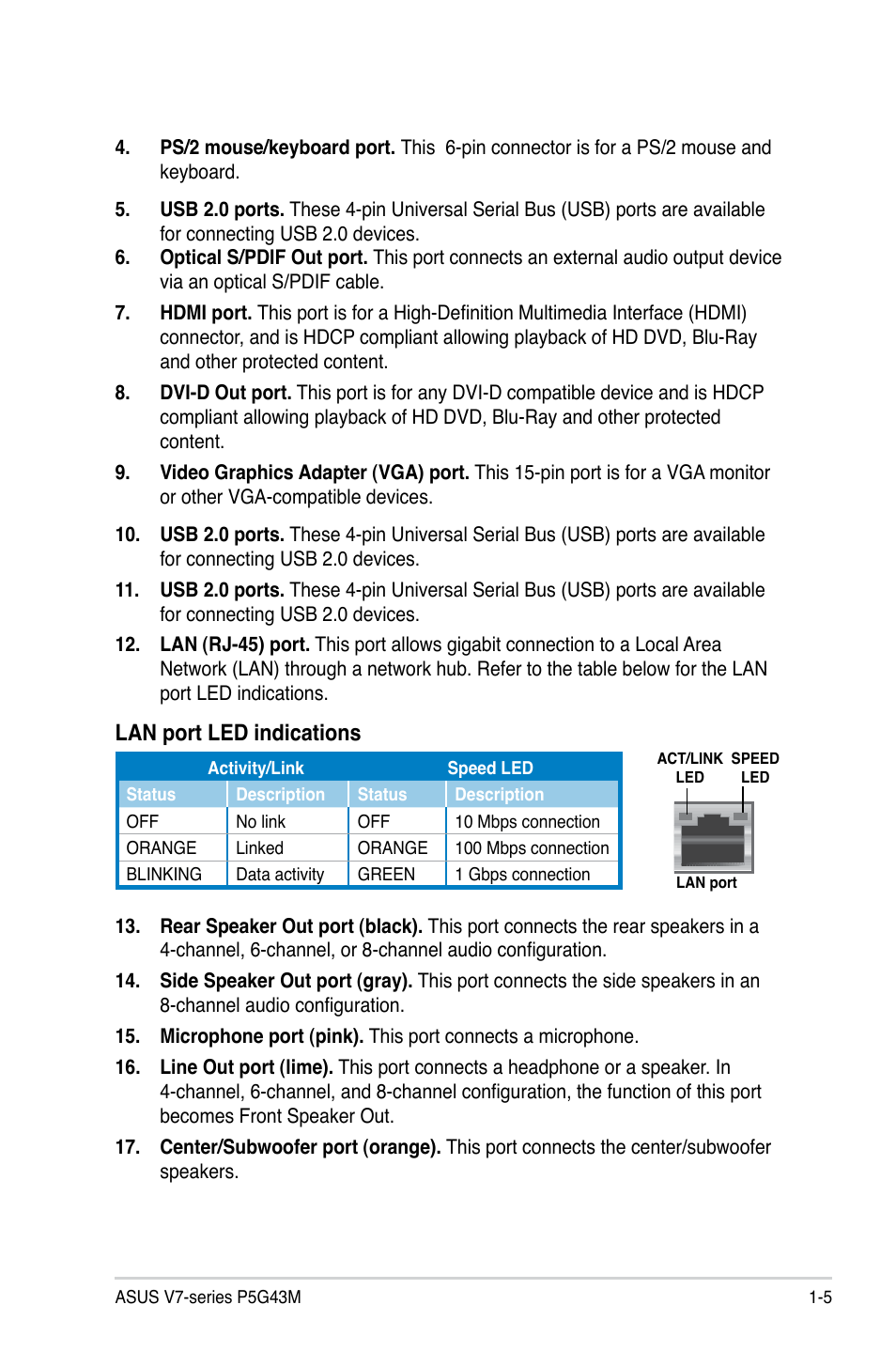 Lan port led indications | Asus V7-P5G43M User Manual | Page 15 / 80