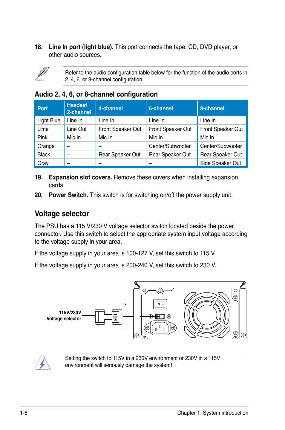 Voltage selector, Audio 2, 4, 6, or 8-channel configuration | Asus V7-P5G43M User Manual | Page 16 / 80