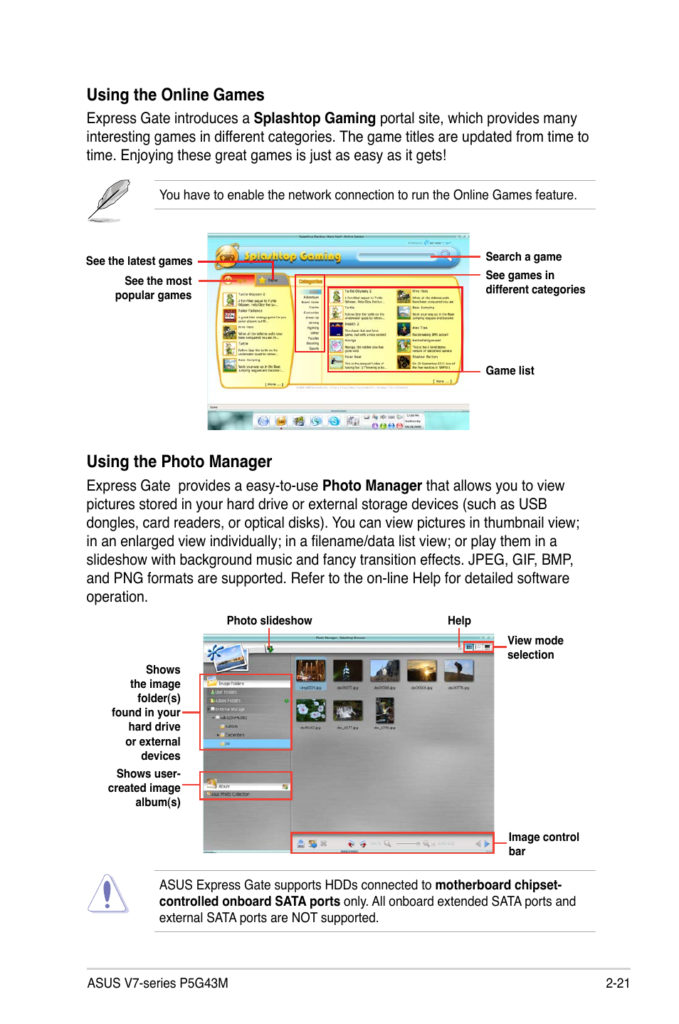 Using.the.photo.manager, Using.the.online.games | Asus V7-P5G43M User Manual | Page 43 / 80