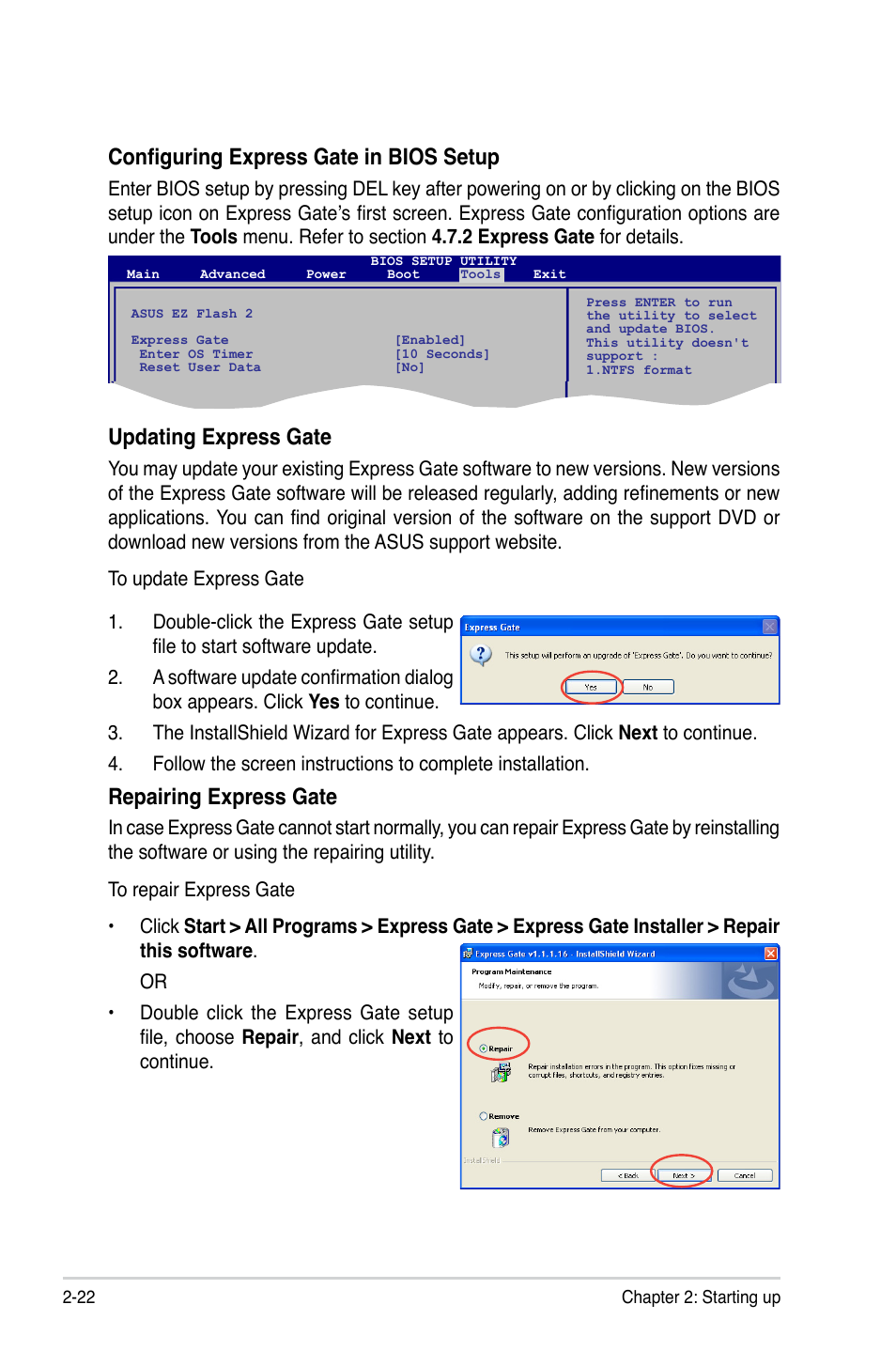 Configuring express gate in bios setup, Updating.express.gate, Repairing.express.gate | Asus V7-P5G43M User Manual | Page 44 / 80