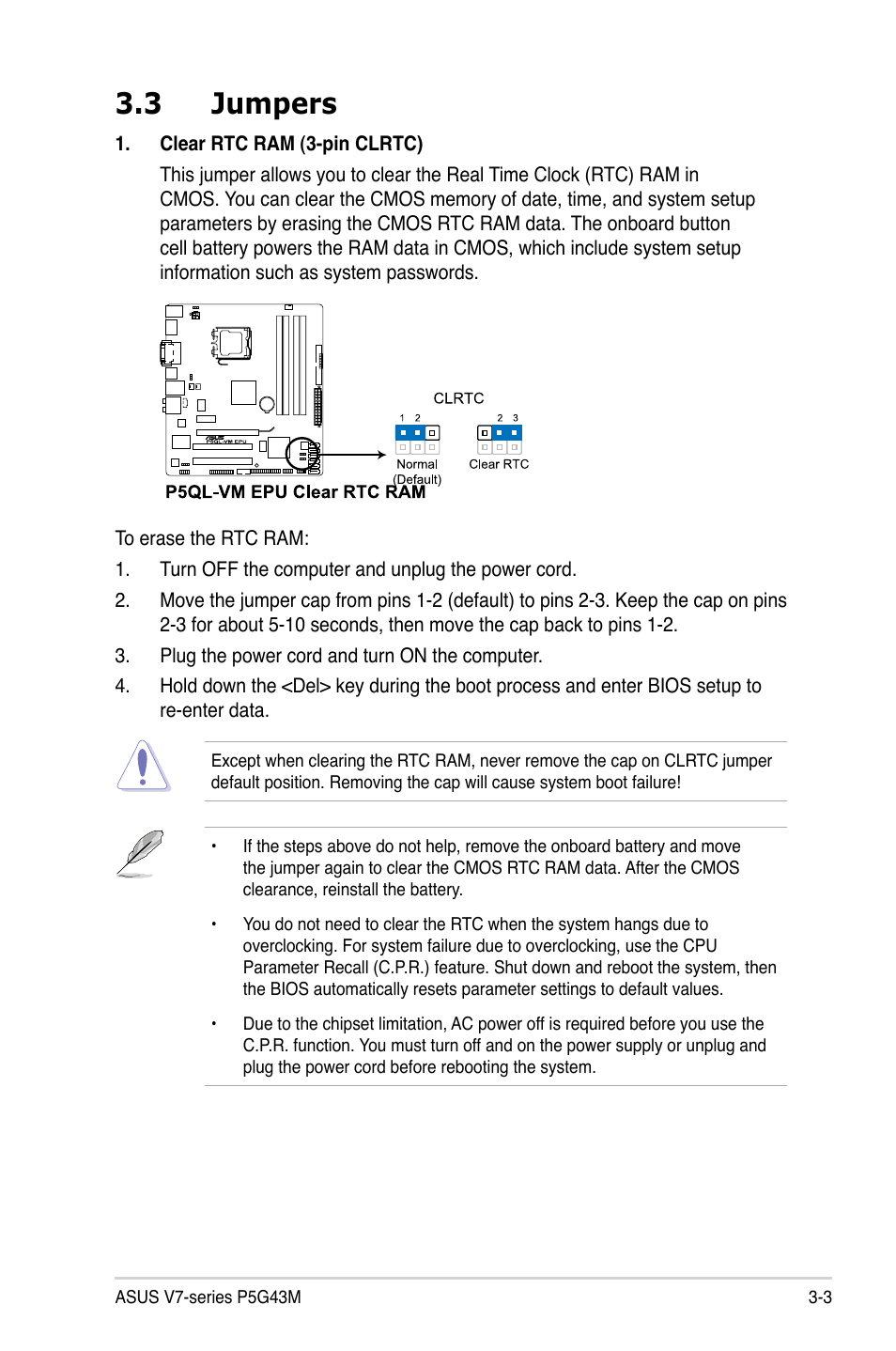 3 jumpers | Asus V7-P5G43M User Manual | Page 47 / 80