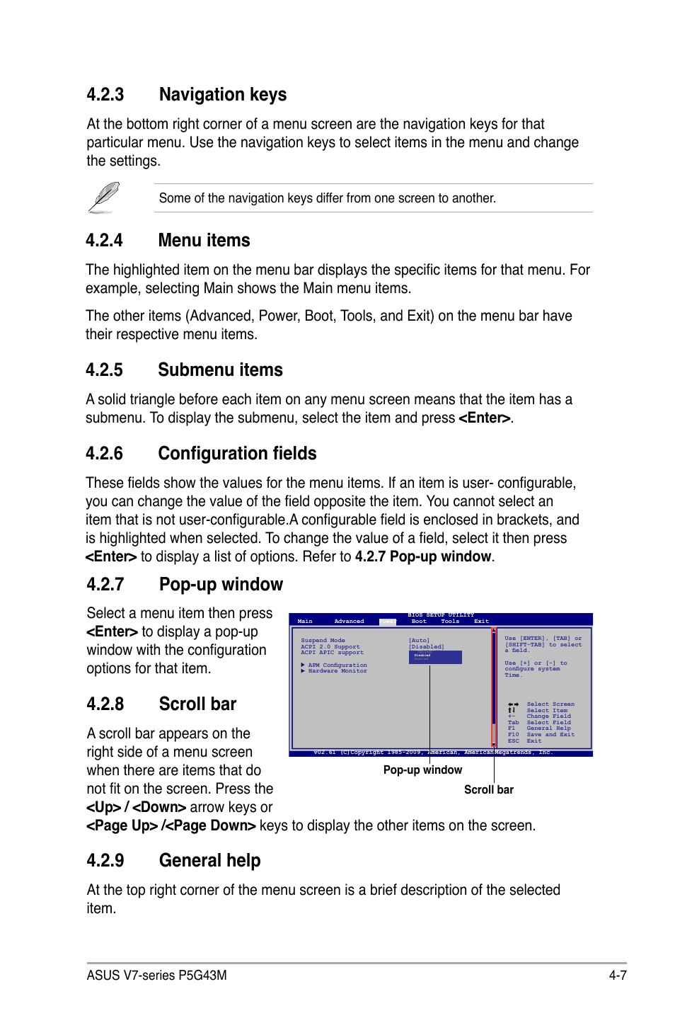 Navigation.keys, Menu.items, Submenu.items | 6 configuration fields, Pop-up.window, Scroll.bar, General.help | Asus V7-P5G43M User Manual | Page 63 / 80