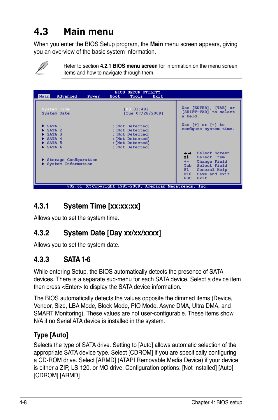 3 main menu, System.time.[xx:xx:xx, Sata.1-6 | Type.[auto | Asus V7-P5G43M User Manual | Page 64 / 80