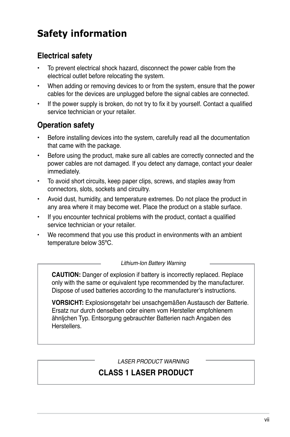 Safety information, Electrical.safety, Operation.safety | Class 1 laser product | Asus V7-P5G43M User Manual | Page 7 / 80