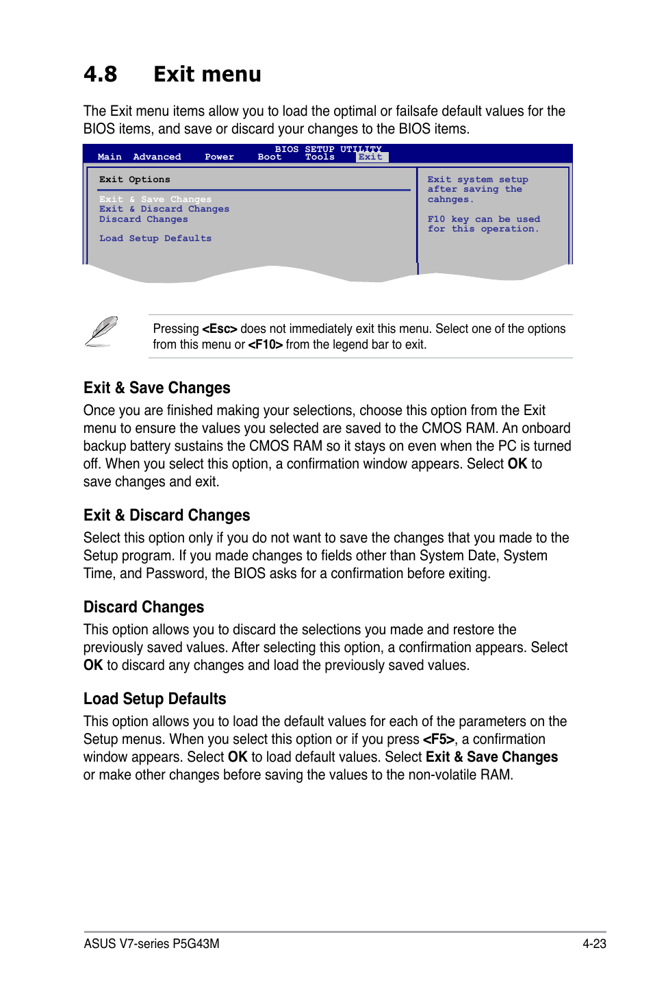 8 exit menu, Exit.&.save.changes, Exit.&.discard.changes | Discard.changes, Load setup defaults | Asus V7-P5G43M User Manual | Page 79 / 80