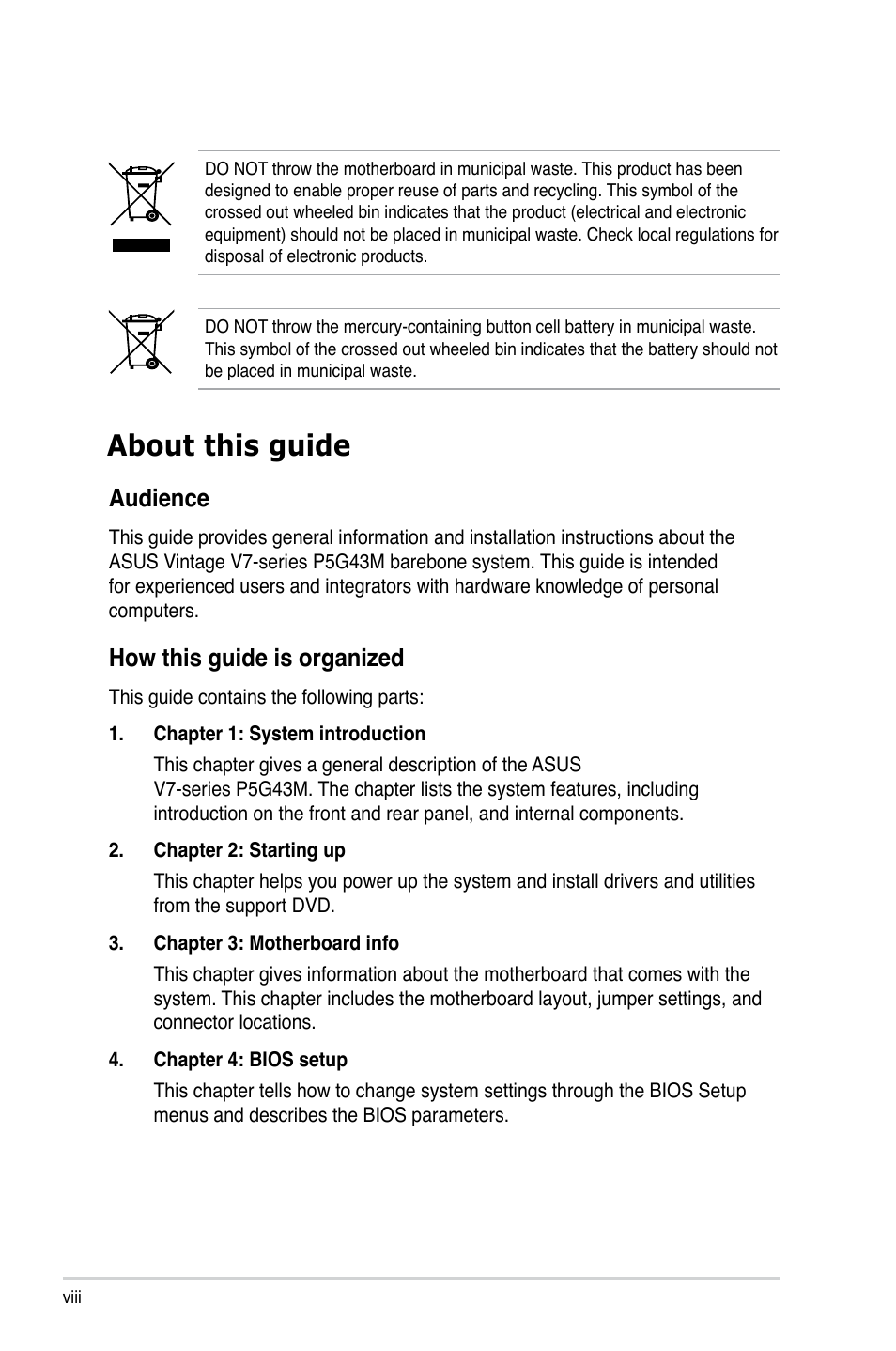 About this guide, Audience | Asus V7-P5G43M User Manual | Page 8 / 80