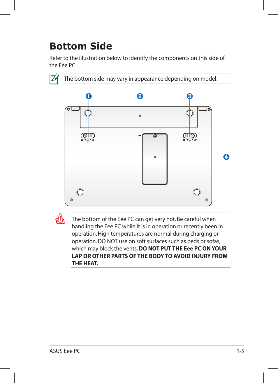 Bottom side, Bottom side -5 | Asus Eee PC 1001PG User Manual | Page 13 / 62
