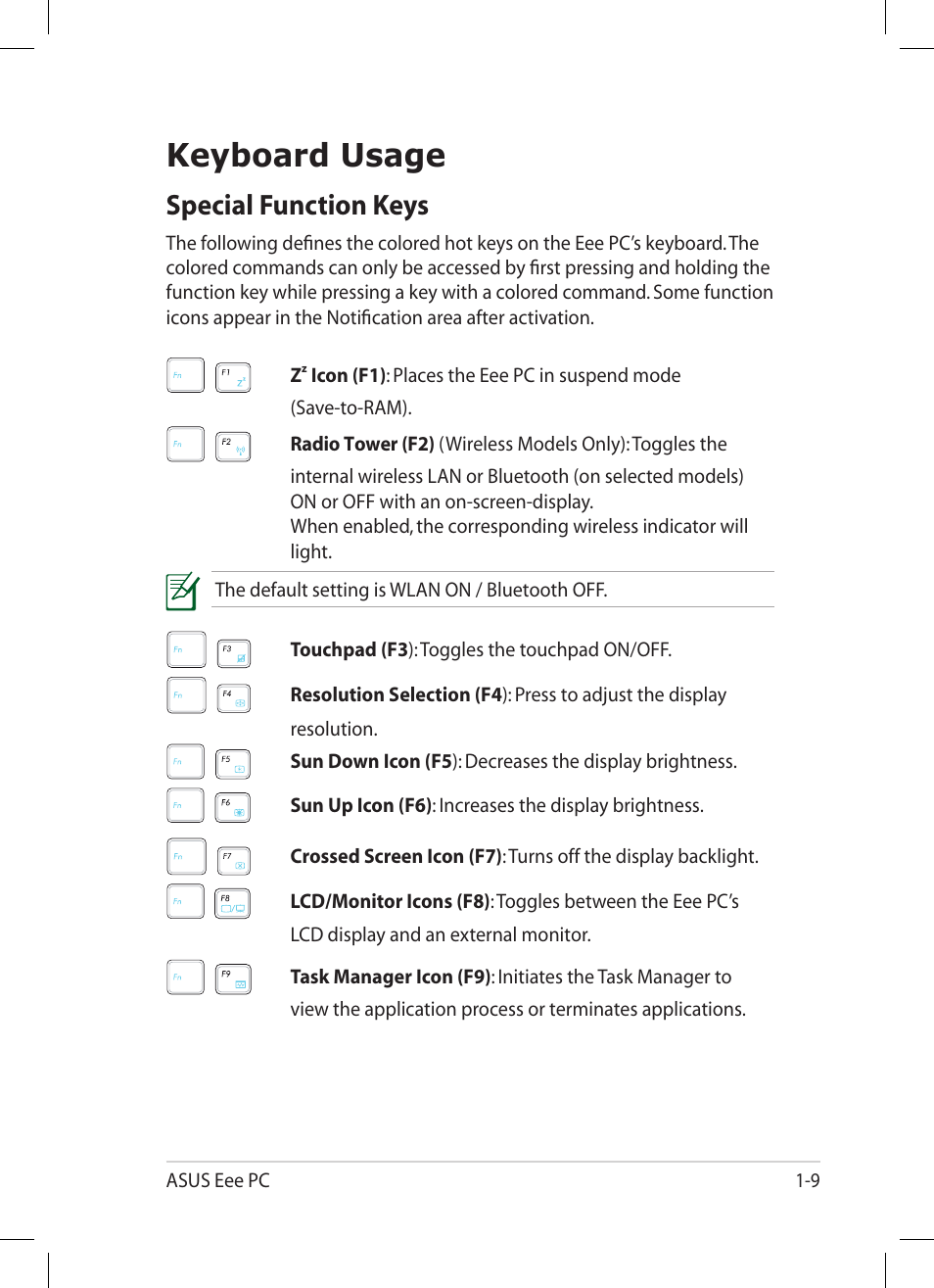Keyboard usage, Special function keys, Keyboard usage -9 | Special function keys -9 | Asus Eee PC 1001PG User Manual | Page 17 / 62