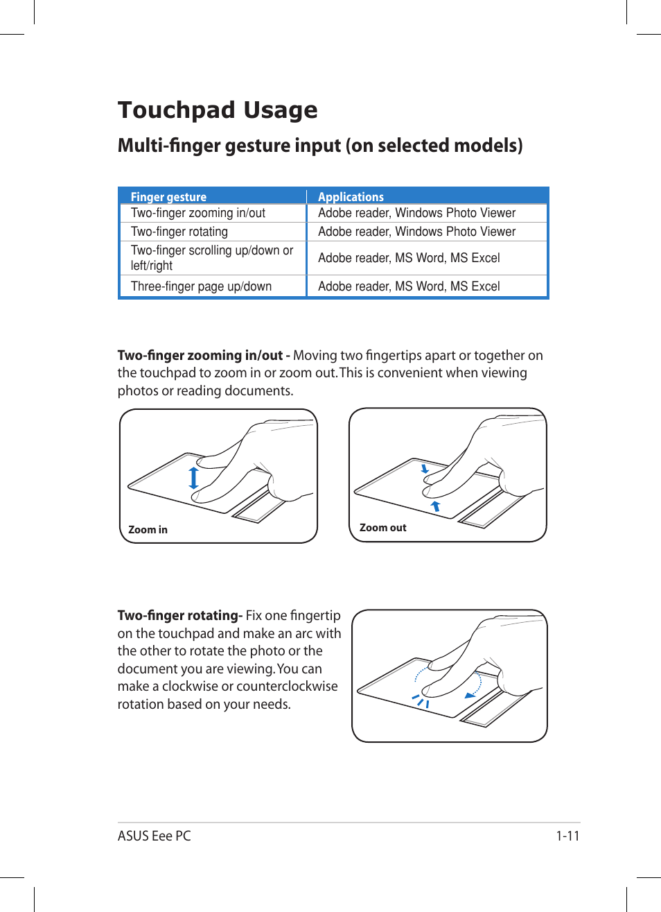 Touchpad usage, Multi-finger gesture input (on selected models), Touchpad usage -11 | Asus Eee PC 1001PG User Manual | Page 19 / 62