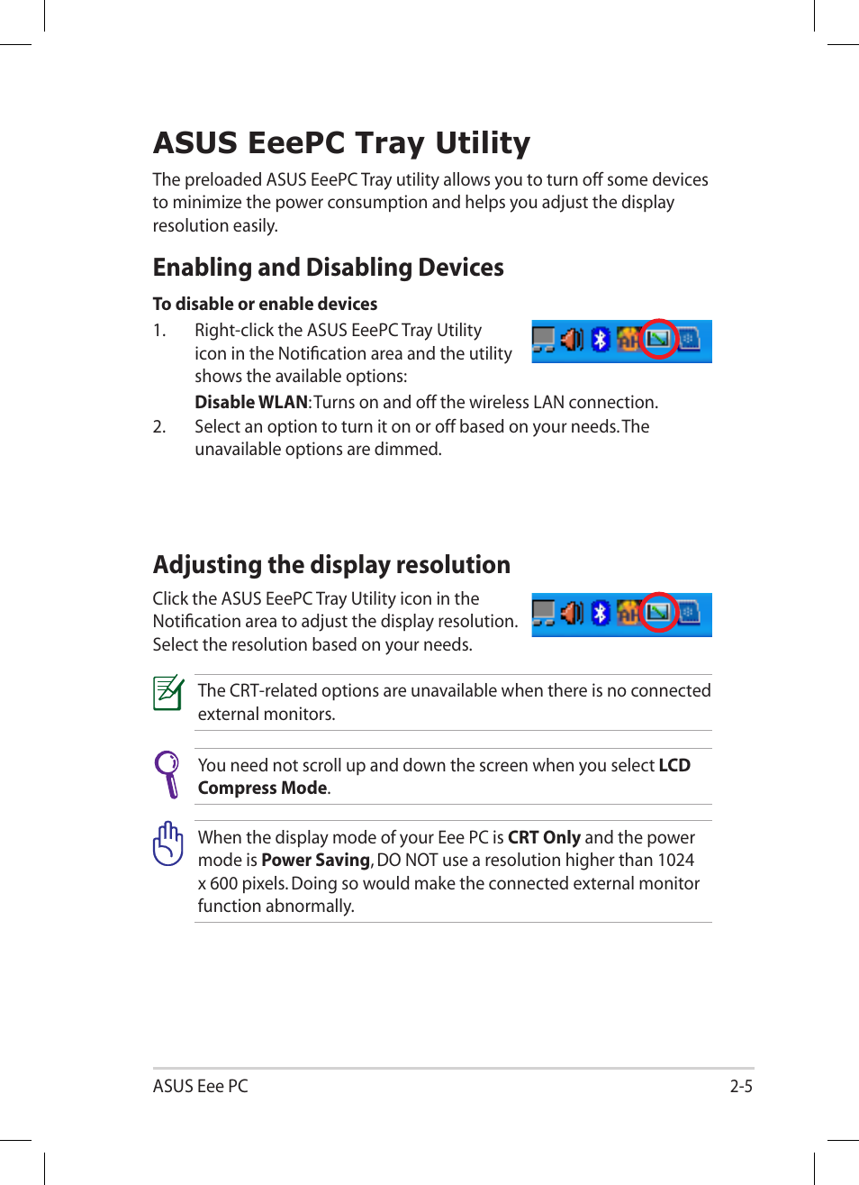 Asus eeepc tray utility, Enabling and disabling devices, Adjusting the display resolution | Asus eeepc tray utility -5 | Asus Eee PC 1001PG User Manual | Page 25 / 62