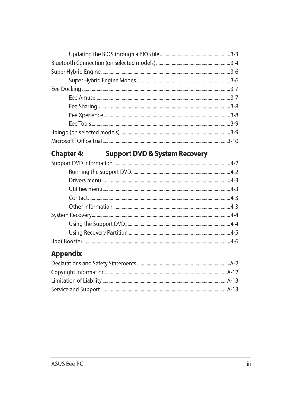 Chapter 4: support dvd & system recovery, Appendix | Asus Eee PC 1001PG User Manual | Page 3 / 62