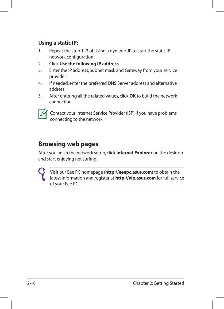 Browsing web pages | Asus Eee PC 1001PG User Manual | Page 30 / 62
