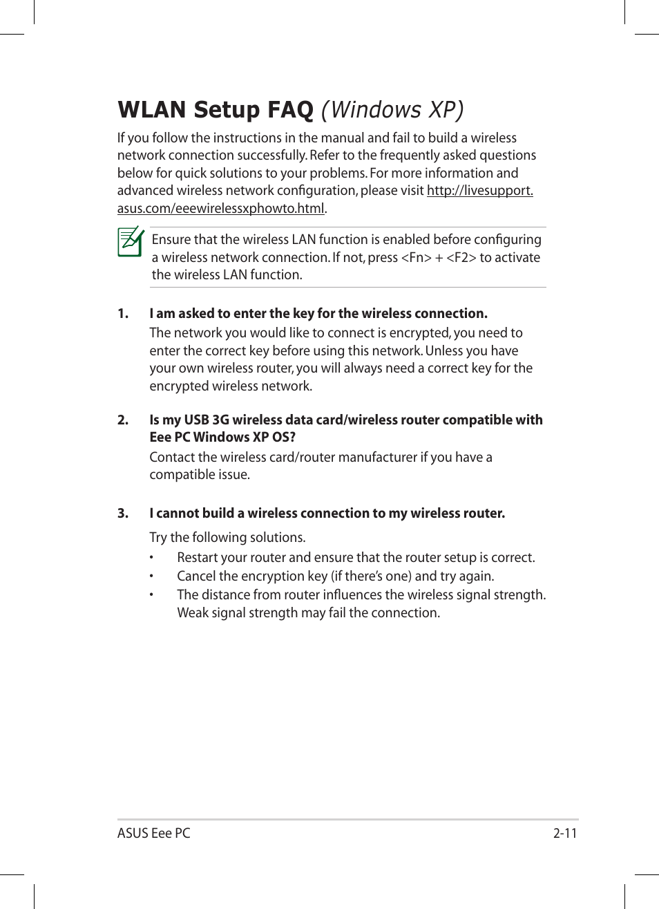 Wlan setup faq (windows xp), Wlan setup faq, Windows xp) -11 | Windows xp) | Asus Eee PC 1001PG User Manual | Page 31 / 62