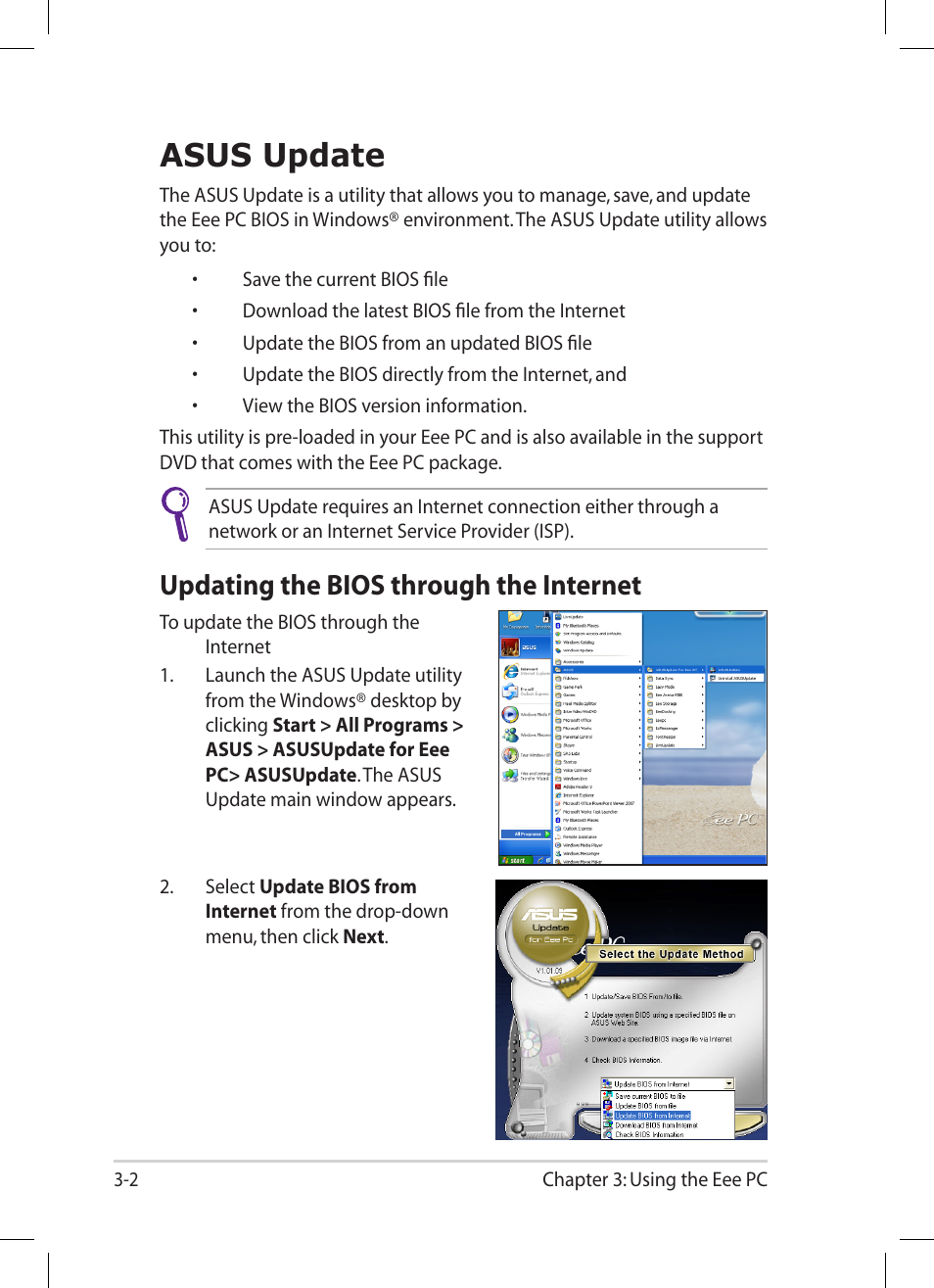 Asus update, Updating the bios through the internet, Asus update -2 | Updating the bios through the internet -2 | Asus Eee PC 1001PG User Manual | Page 34 / 62