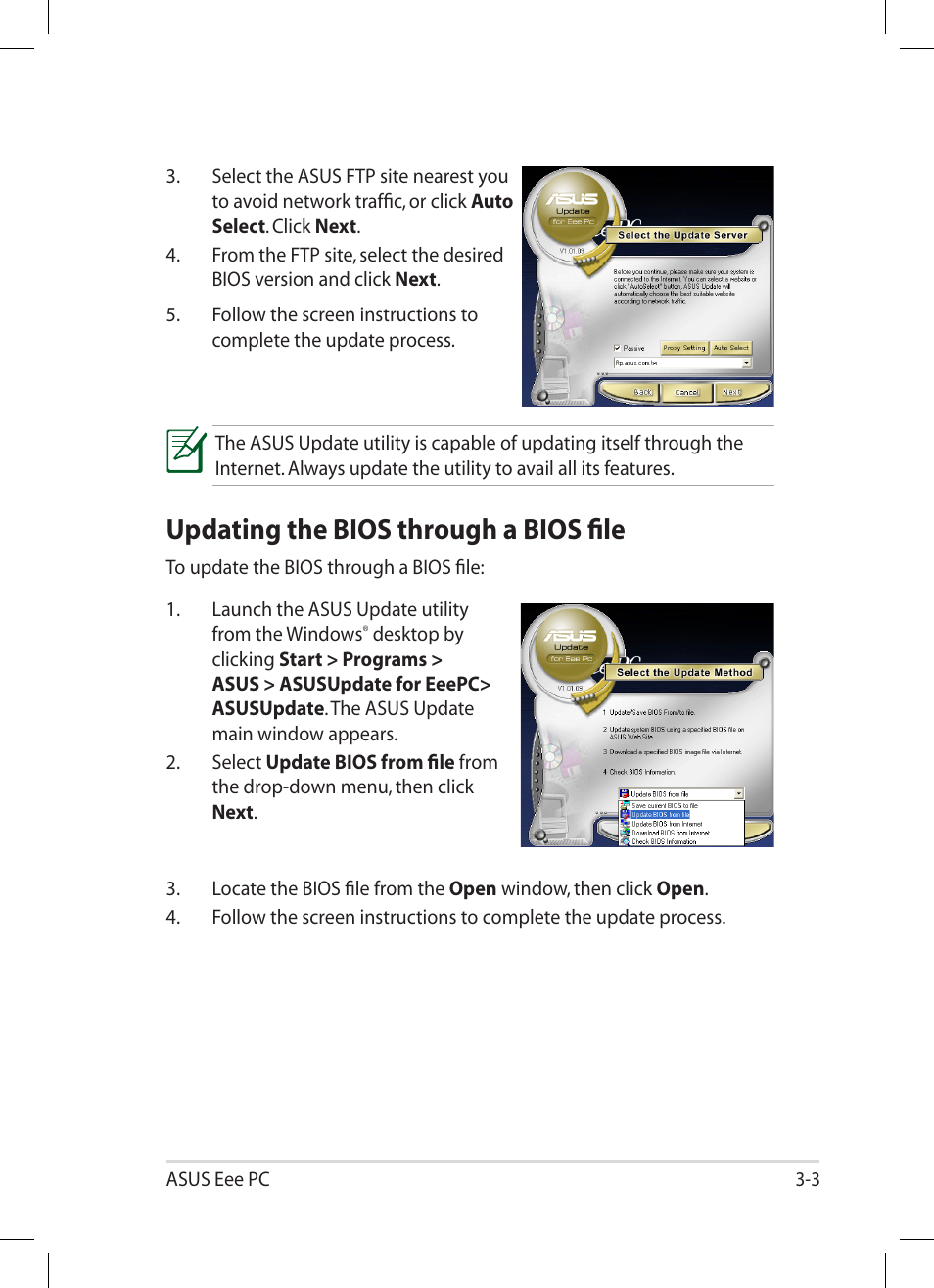 Updating the bios through a bios file, Updating the bios through a bios file -3 | Asus Eee PC 1001PG User Manual | Page 35 / 62