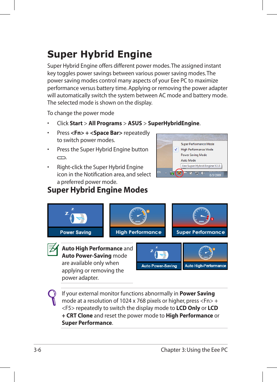 Super hybrid engine, Super hybrid engine modes, Super hybrid engine -6 | Super hybrid engine modes -6 | Asus Eee PC 1001PG User Manual | Page 38 / 62