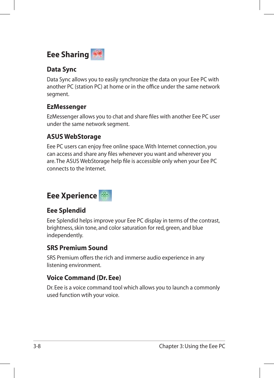 Eee sharing, Eee xperience, Eee sharing -8 eee xperience -8 | Asus Eee PC 1001PG User Manual | Page 40 / 62