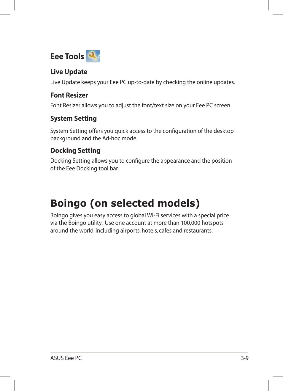 Eee tools, Boingo (on selected models), Eee tools -9 | Boingo (on selected models) -9 | Asus Eee PC 1001PG User Manual | Page 41 / 62