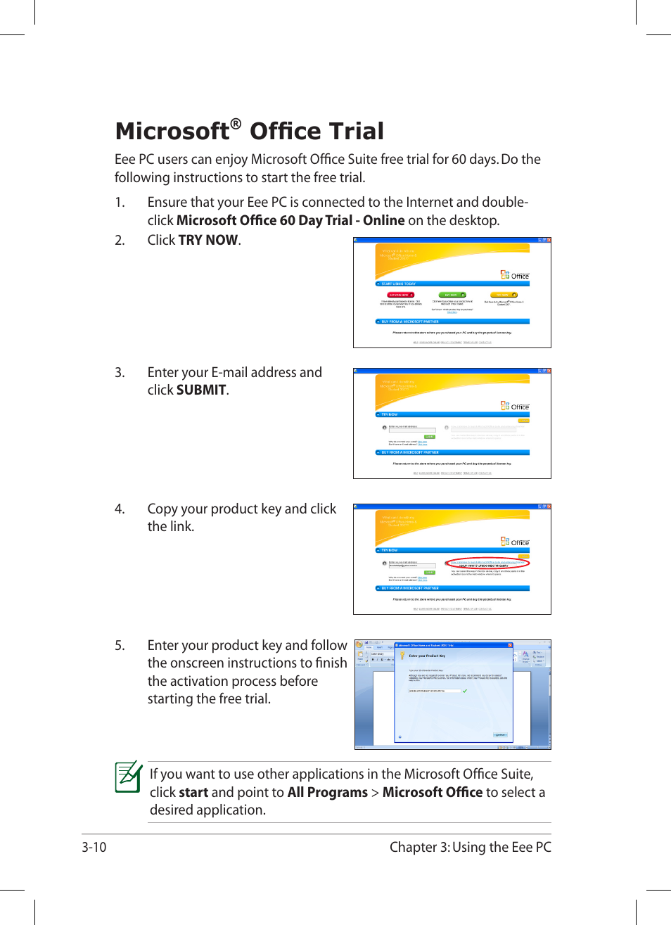 Microsoft® office trial, Microsoft, Office trial -10 | Office trial | Asus Eee PC 1001PG User Manual | Page 42 / 62