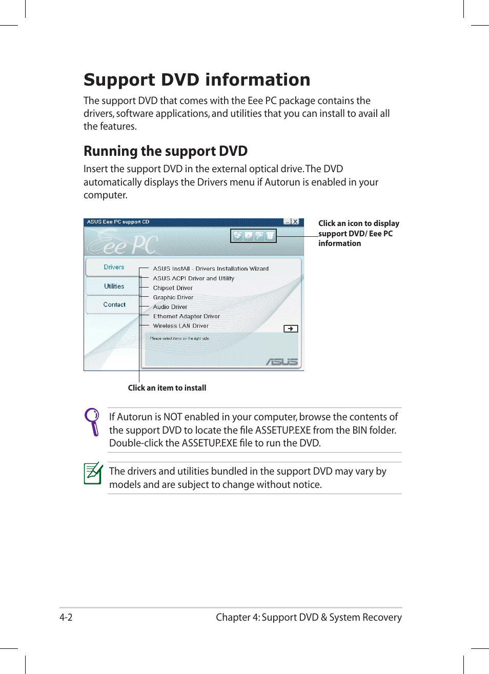 Support dvd information, Running the support dvd, Support dvd information -2 | Running the support dvd -2 | Asus Eee PC 1001PG User Manual | Page 44 / 62