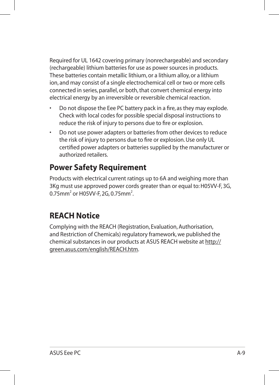 Power safety requirement, Reach notice | Asus Eee PC 1001PG User Manual | Page 57 / 62