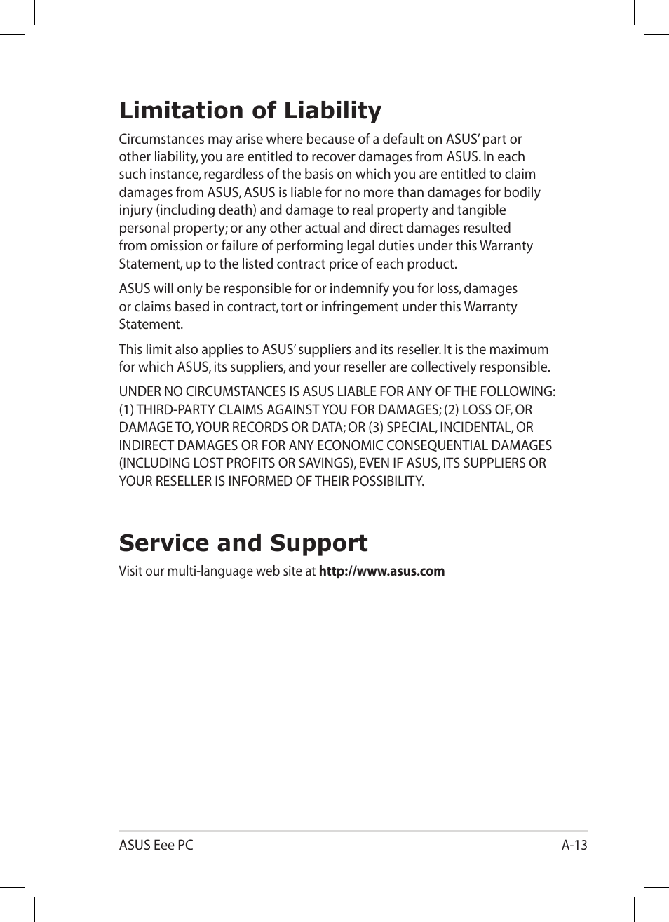 Limitation of liability, Service and support | Asus Eee PC 1001PG User Manual | Page 61 / 62