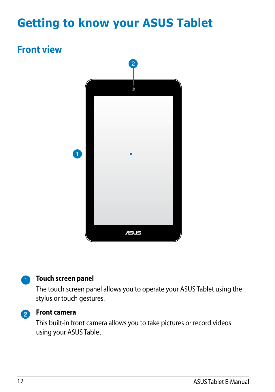 Getting to know your asus tablet, Front view | Asus MeMO Pad 8 User Manual | Page 12 / 96