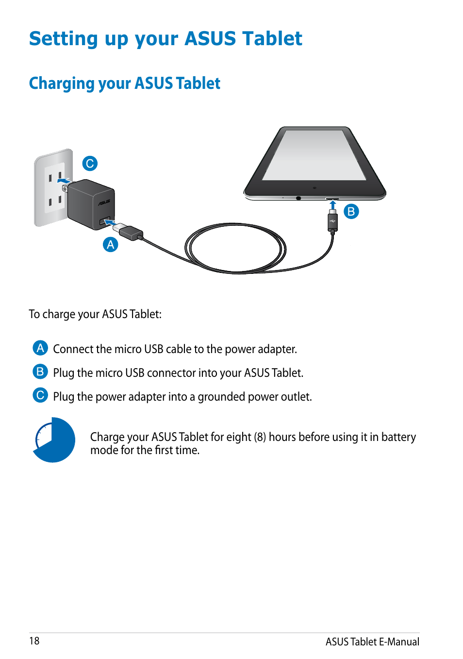 Setting up your asus tablet, Charging your asus tablet | Asus MeMO Pad 8 User Manual | Page 18 / 96