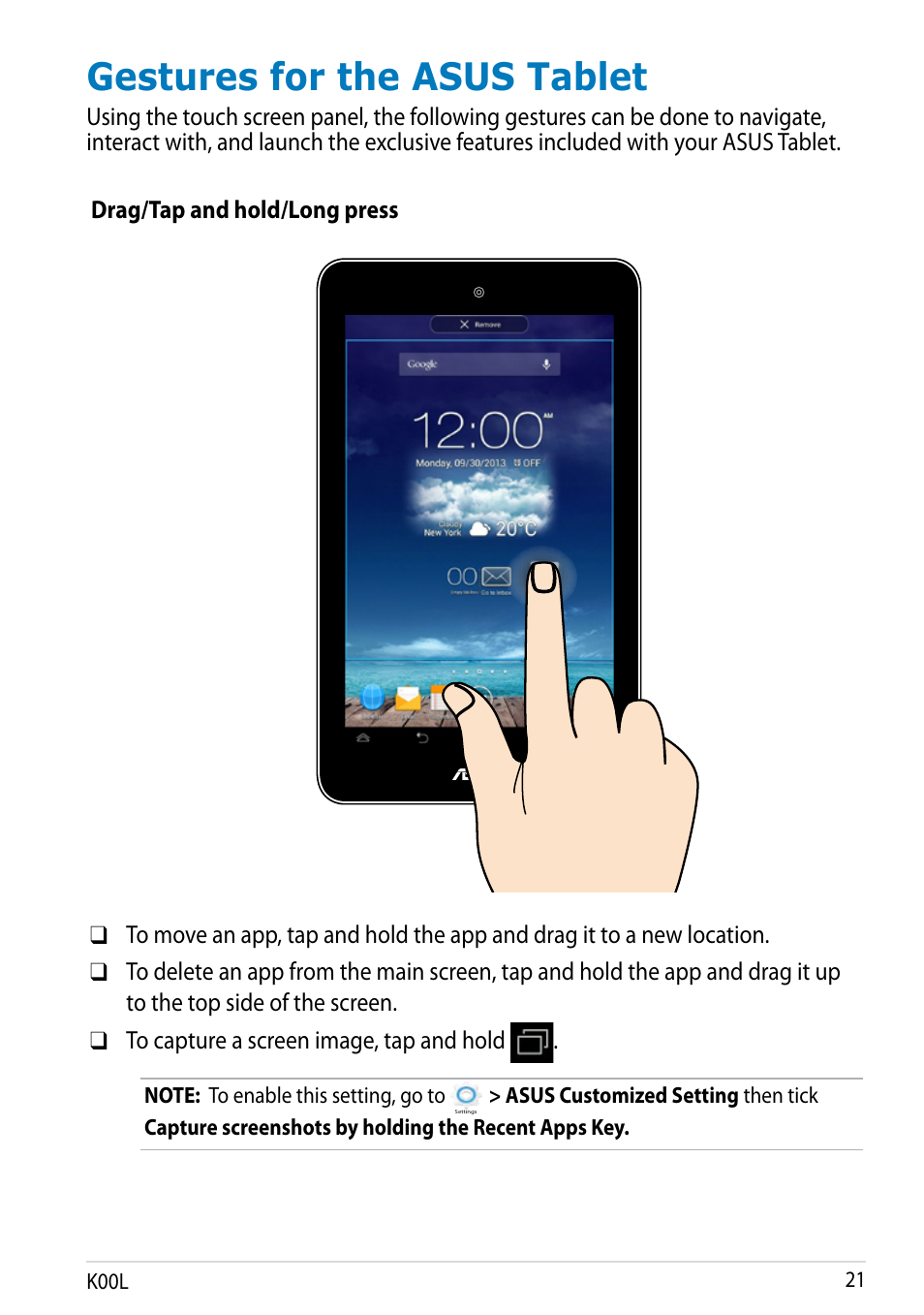 Gestures for the asus tablet | Asus MeMO Pad 8 User Manual | Page 21 / 96