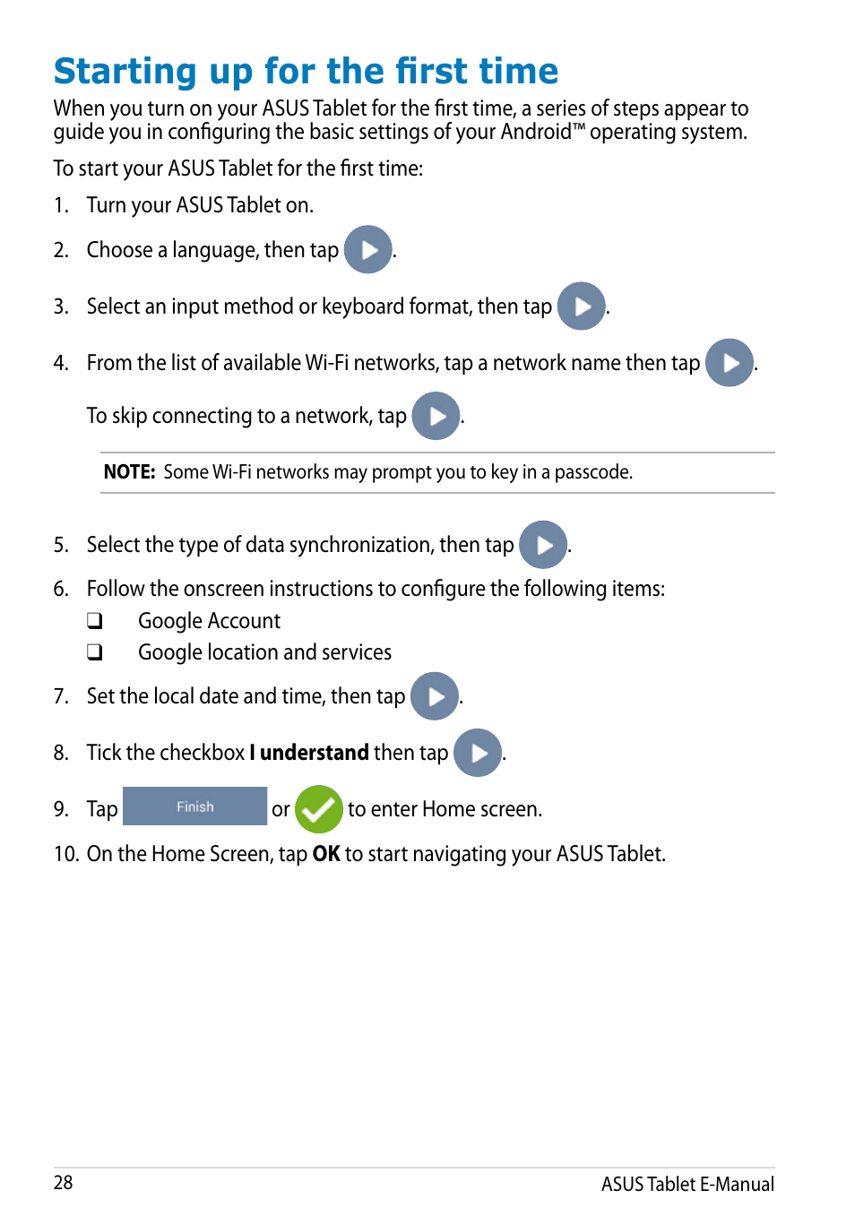 Starting up for the first time | Asus MeMO Pad 8 User Manual | Page 28 / 96