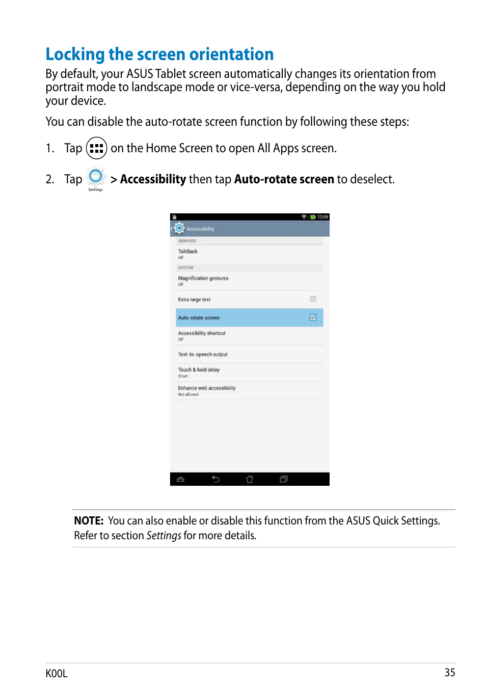 Locking the screen orientation | Asus MeMO Pad 8 User Manual | Page 35 / 96