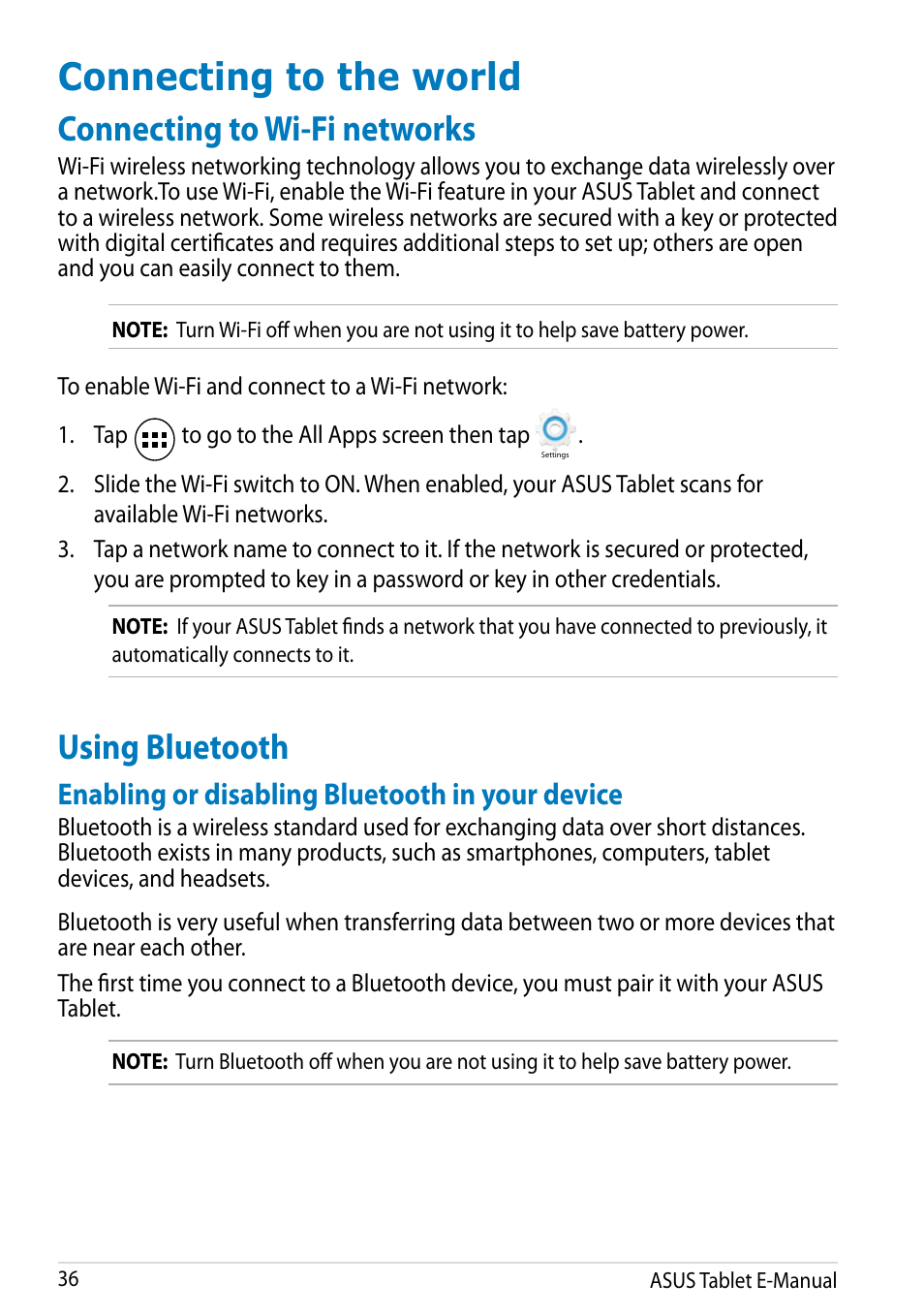 Connecting to the world, Connecting to wi-fi networks, Using bluetooth | Connecting to wi-fi networks using bluetooth, Enabling or disabling bluetooth in your device | Asus MeMO Pad 8 User Manual | Page 36 / 96