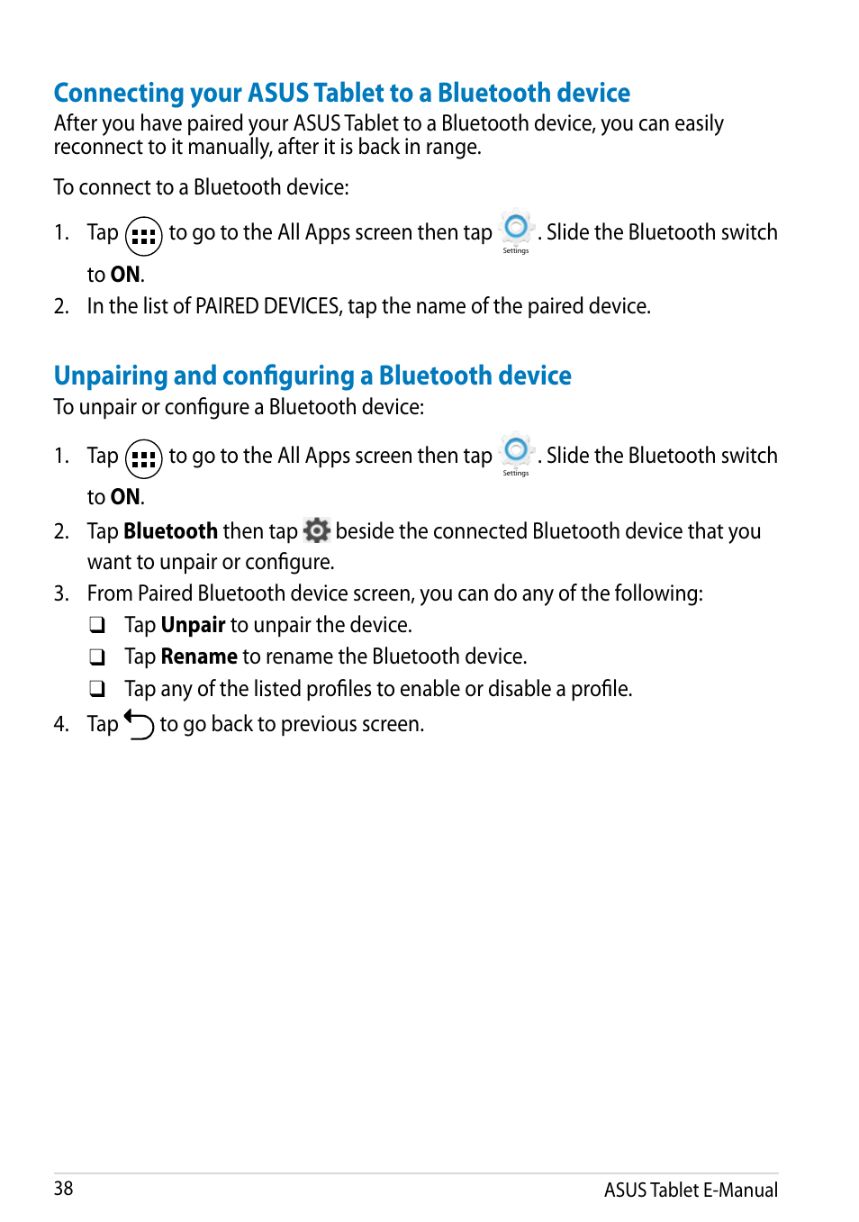 Connecting your asus tablet to a bluetooth device, Unpairing and configuring a bluetooth device | Asus MeMO Pad 8 User Manual | Page 38 / 96