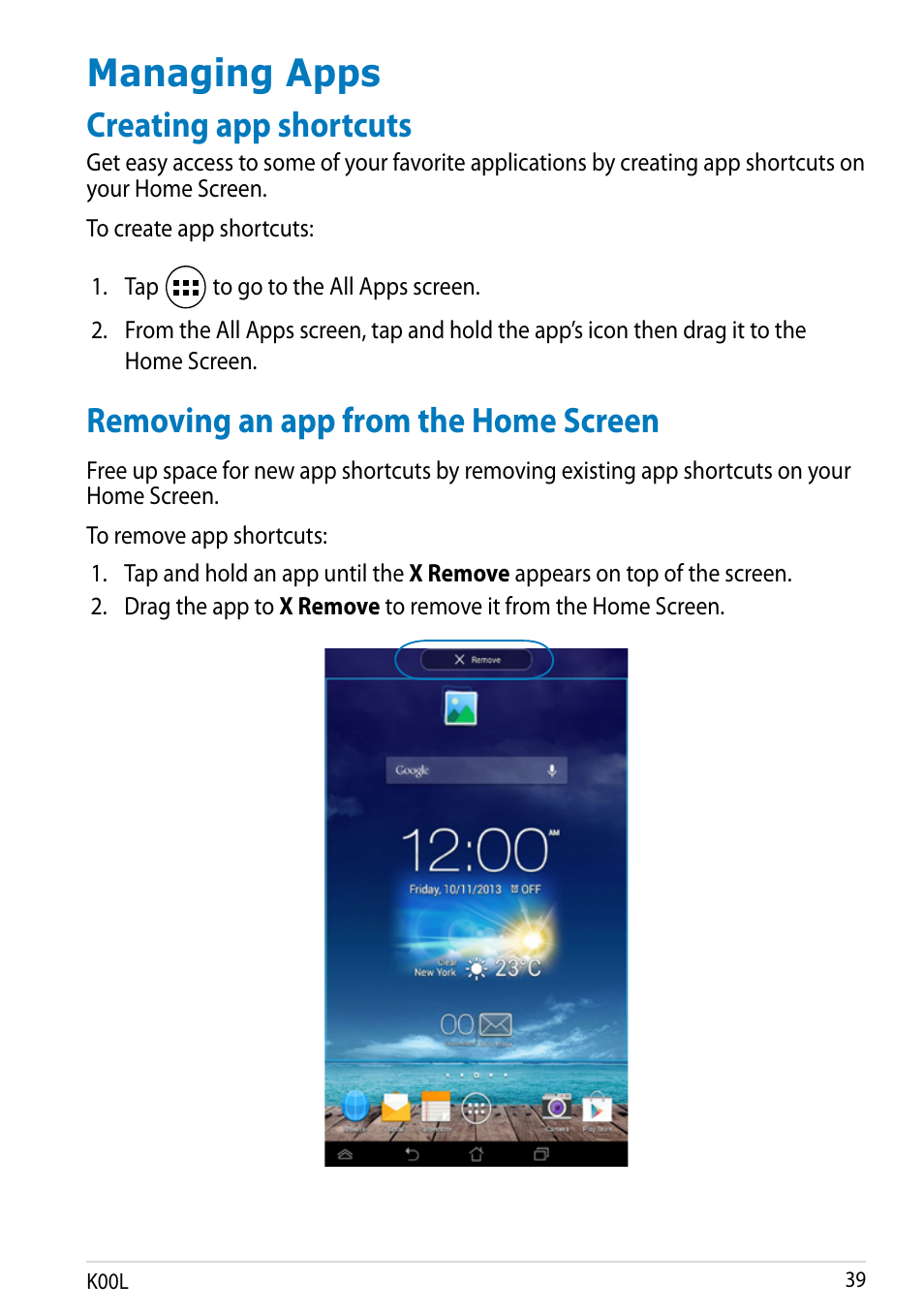 Managing apps, Creating app shortcuts, Removing an app from the home screen | Asus MeMO Pad 8 User Manual | Page 39 / 96