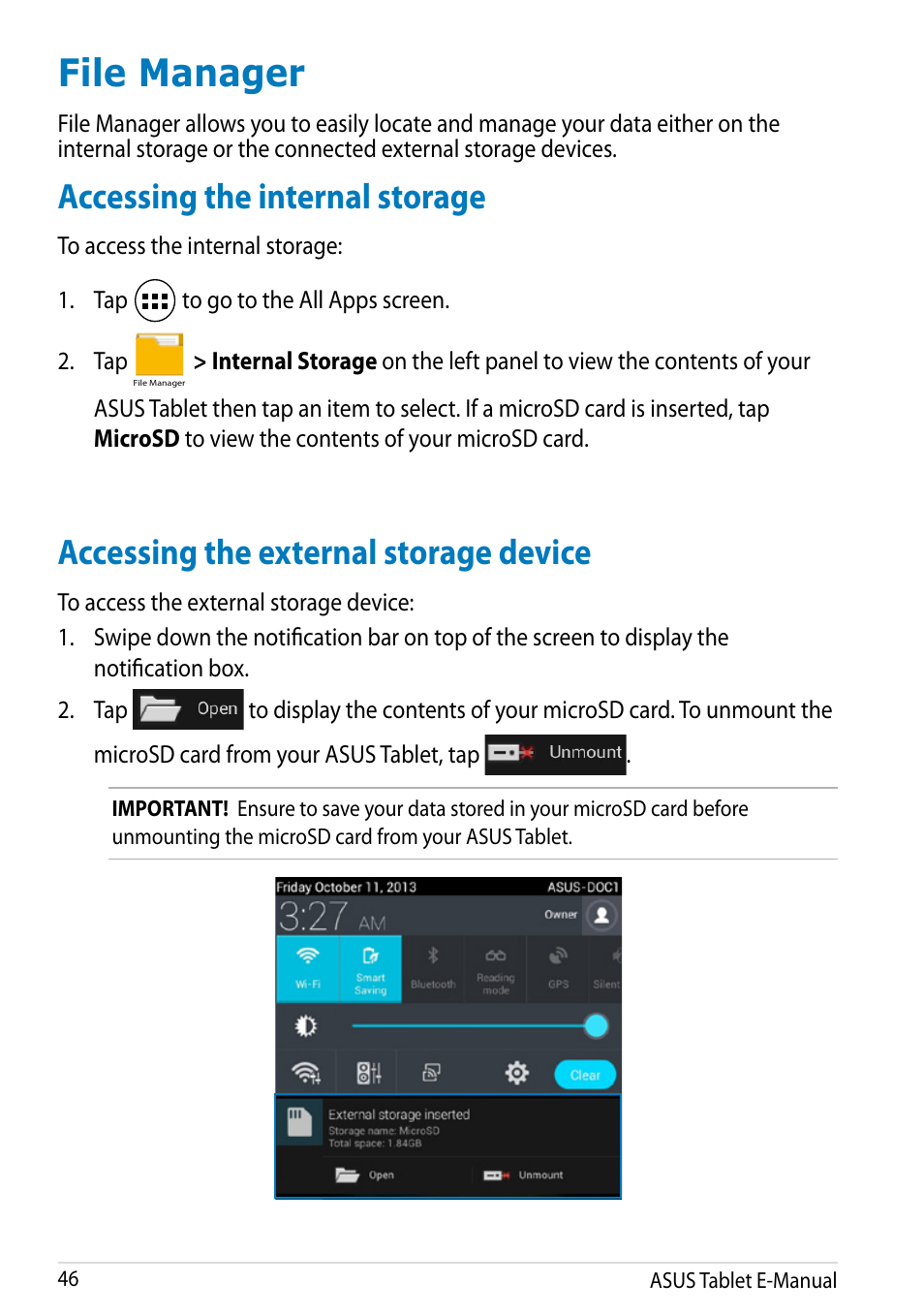 File manager, Accessing the internal storage, Accessing the external storage device | Asus MeMO Pad 8 User Manual | Page 46 / 96