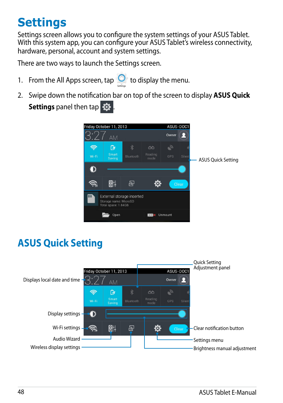 Settings, Asus quick setting | Asus MeMO Pad 8 User Manual | Page 48 / 96