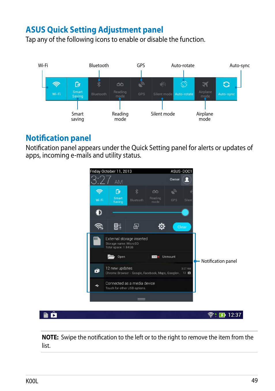 Asus quick setting adjustment panel, Notification panel | Asus MeMO Pad 8 User Manual | Page 49 / 96