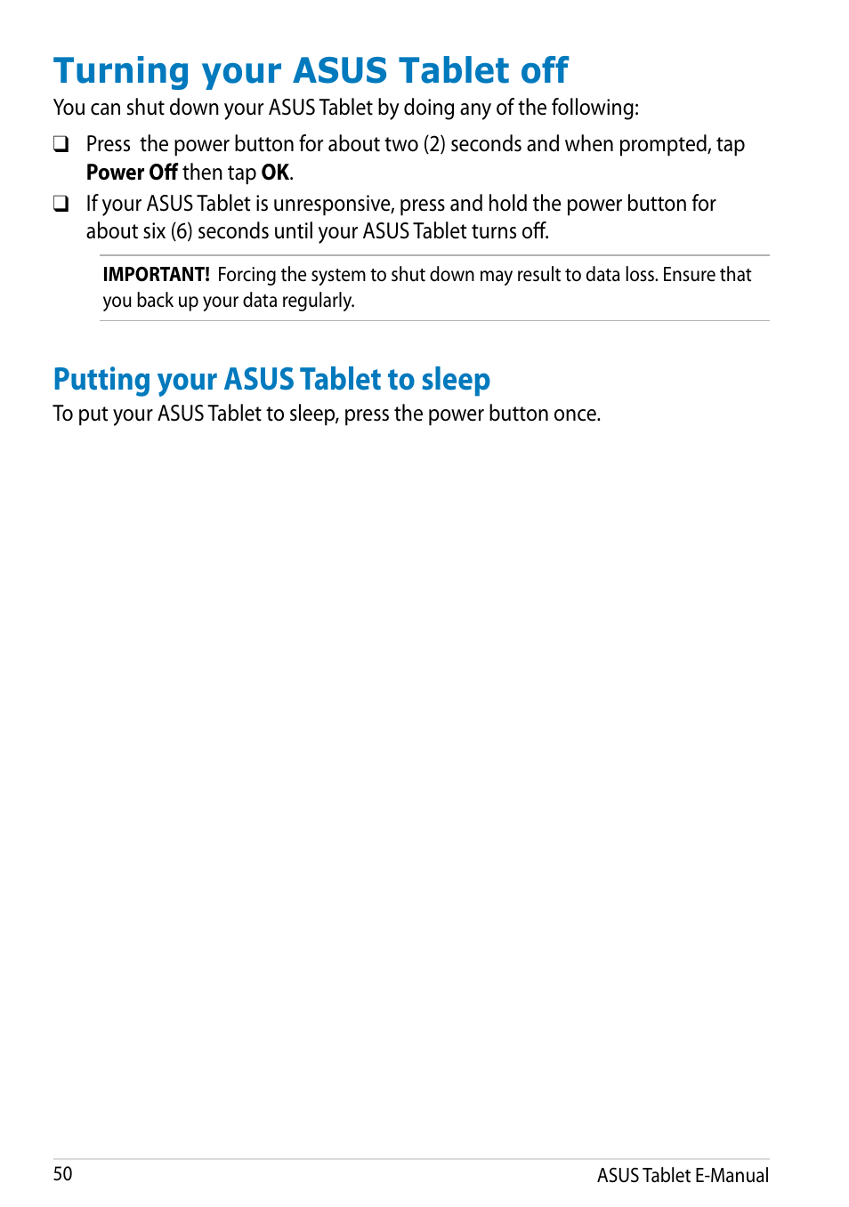 Turning your asus tablet off, Putting your asus tablet to sleep | Asus MeMO Pad 8 User Manual | Page 50 / 96