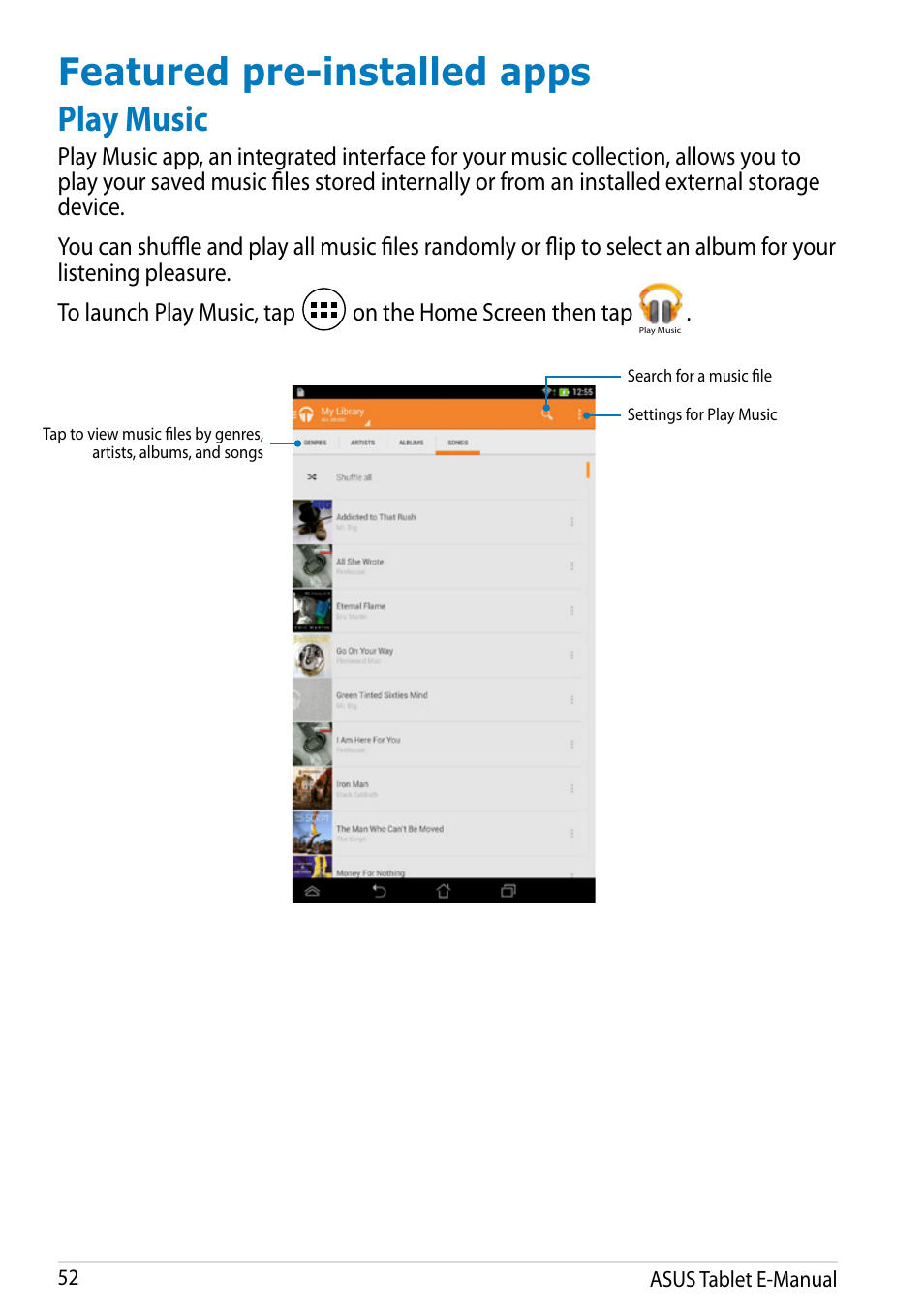 Featured pre-installed apps, Play music | Asus MeMO Pad 8 User Manual | Page 52 / 96