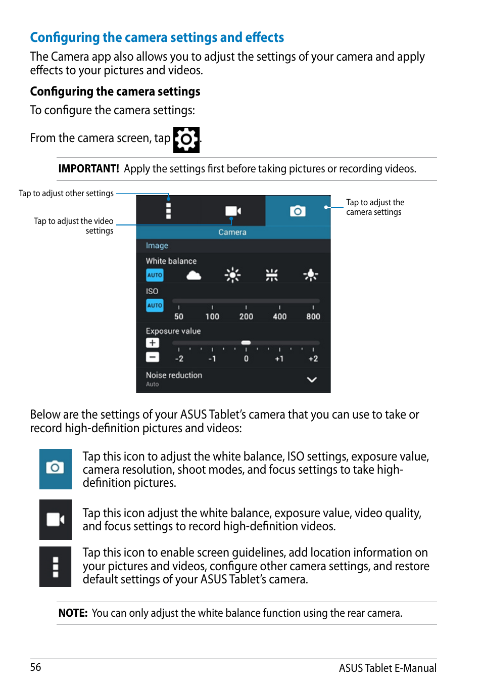 Configuring the camera settings and effects | Asus MeMO Pad 8 User Manual | Page 56 / 96