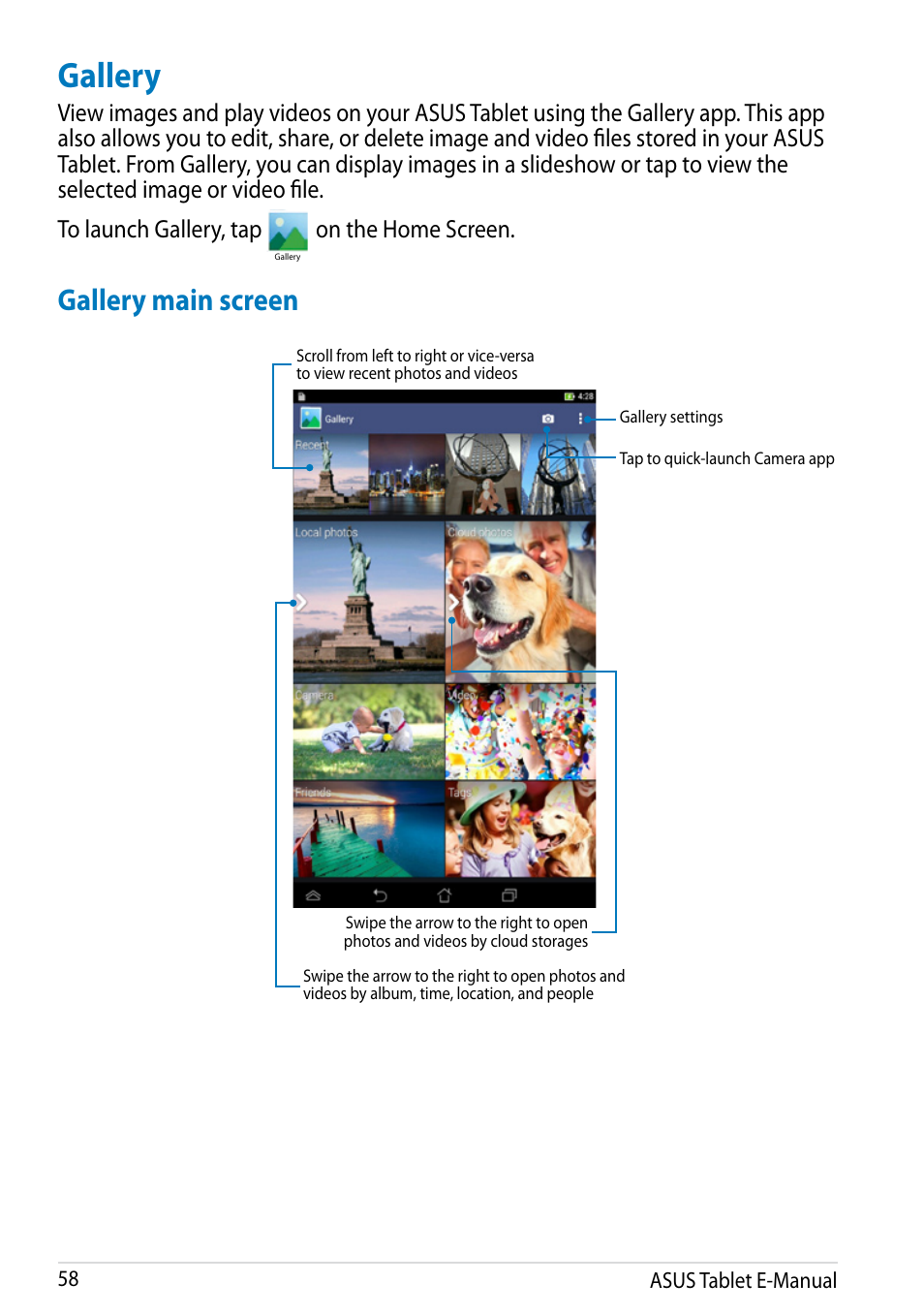 Gallery, Gallery main screen, On the home screen | Asus MeMO Pad 8 User Manual | Page 58 / 96