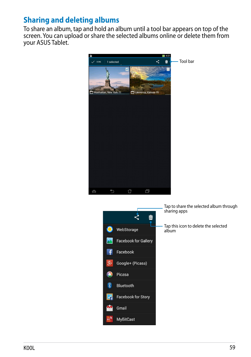 Sharing and deleting albums | Asus MeMO Pad 8 User Manual | Page 59 / 96
