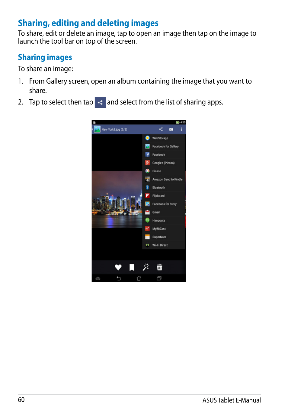 Sharing, editing and deleting images | Asus MeMO Pad 8 User Manual | Page 60 / 96