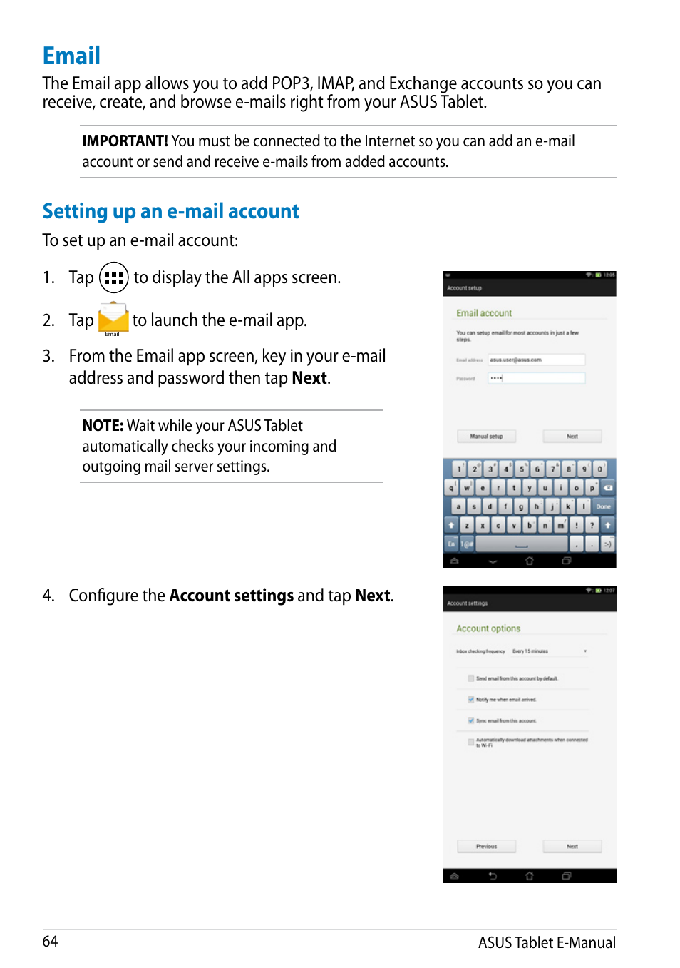 Email, Setting up an e-mail account | Asus MeMO Pad 8 User Manual | Page 64 / 96