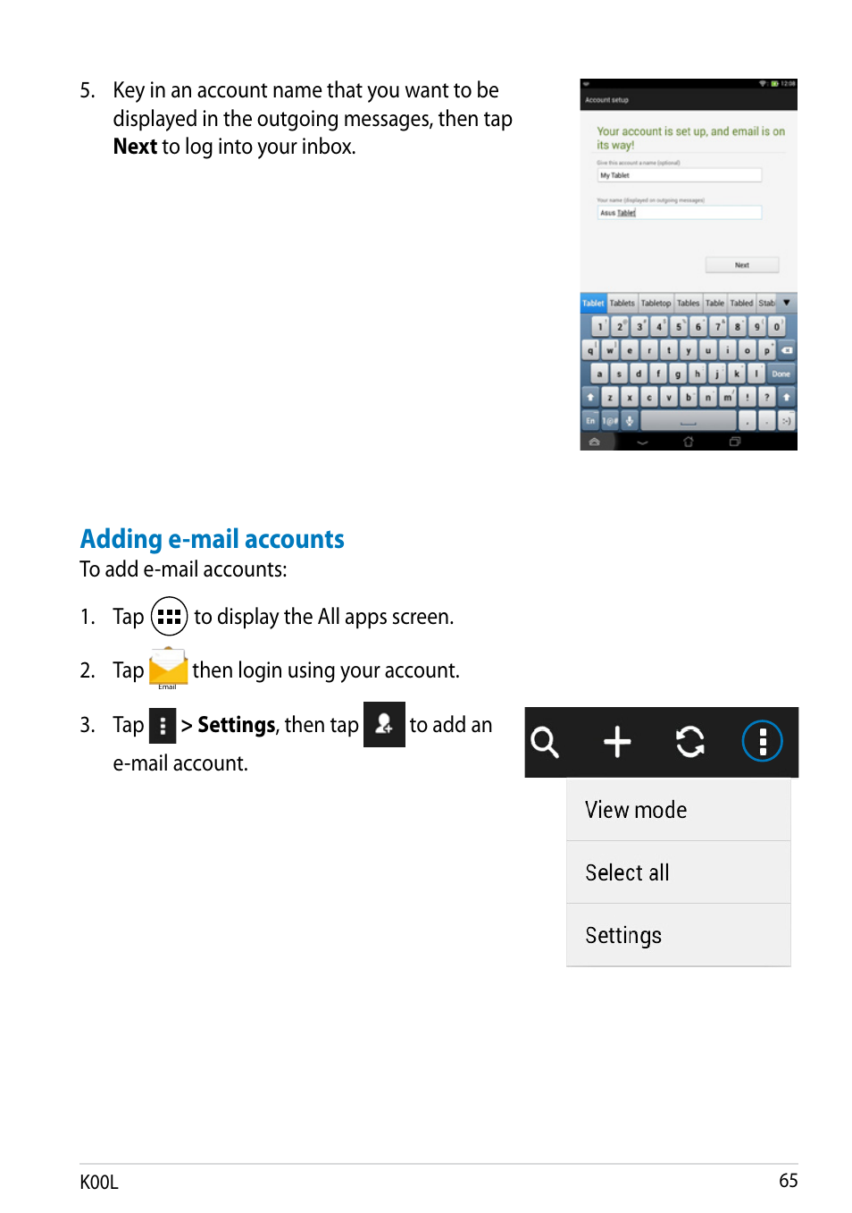 Adding e-mail accounts | Asus MeMO Pad 8 User Manual | Page 65 / 96